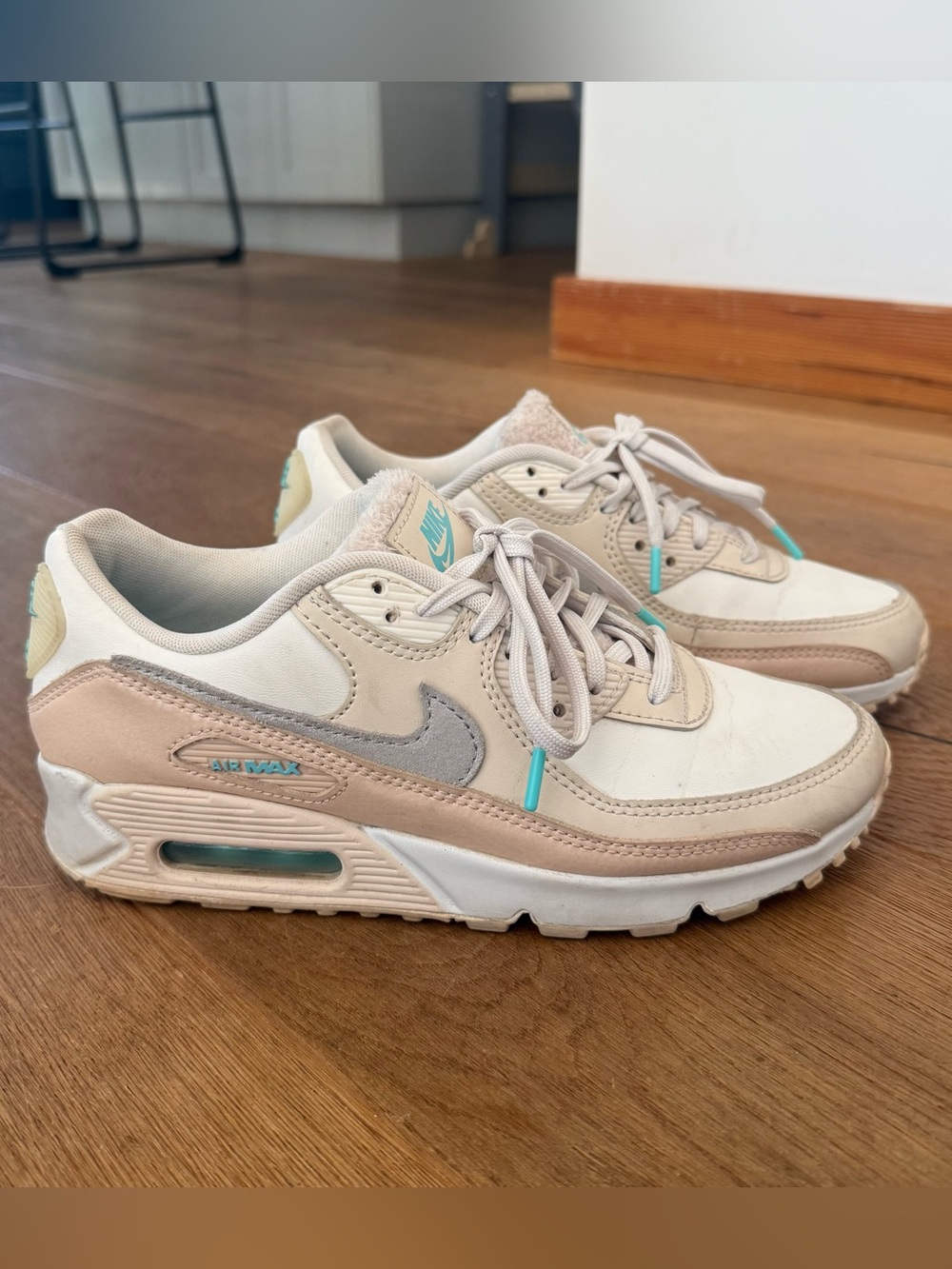 Nike Women’s Air Max 90 MAMA Sneakers —Cream, Light Gray & Beige with Teal